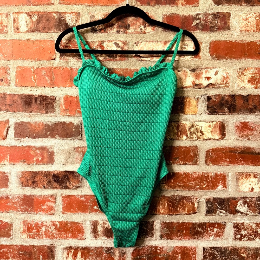 SHEIN Green Ruffle Trim One Piece Swimsuit